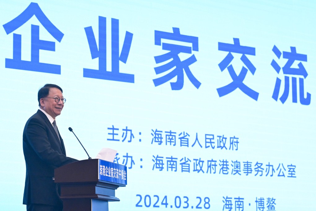 Chief Secretary Eric Chan addresses a meeting at the Boao Forum for Asia. Photo: Handout