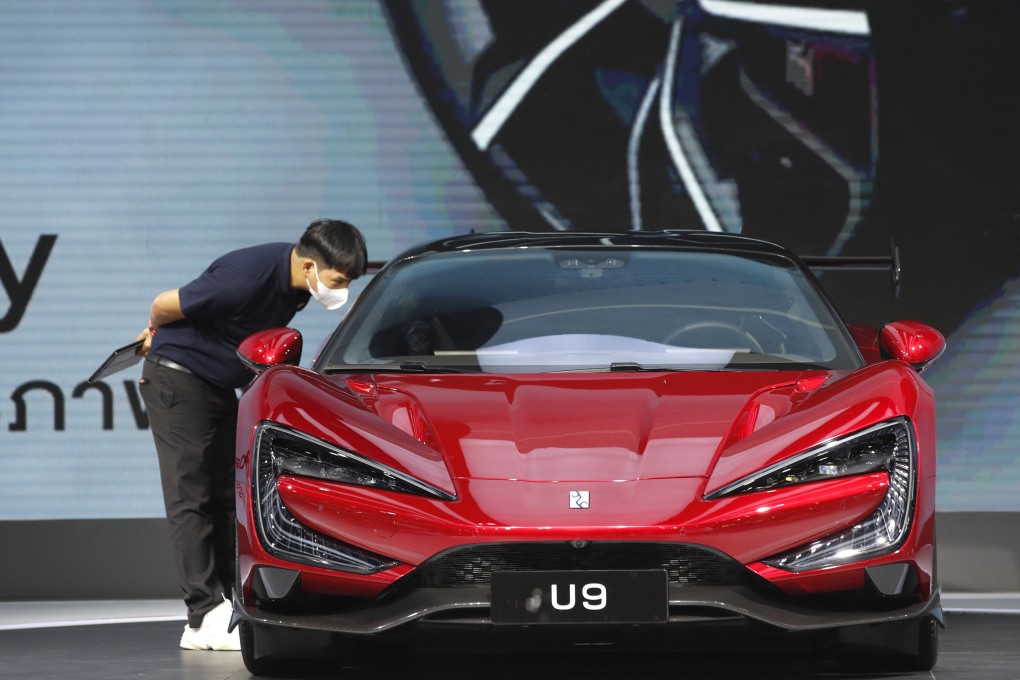 BYD’s YangWang U9 electric supercar is displayed at the 45th Bangkok International Motor Show 2024 in this file photo from March. In the first two months of this year, BYD delivered 325,706 cars to customers, an increase of 2.9 per cent from the same period in 2023. Photo: EPA-EFE