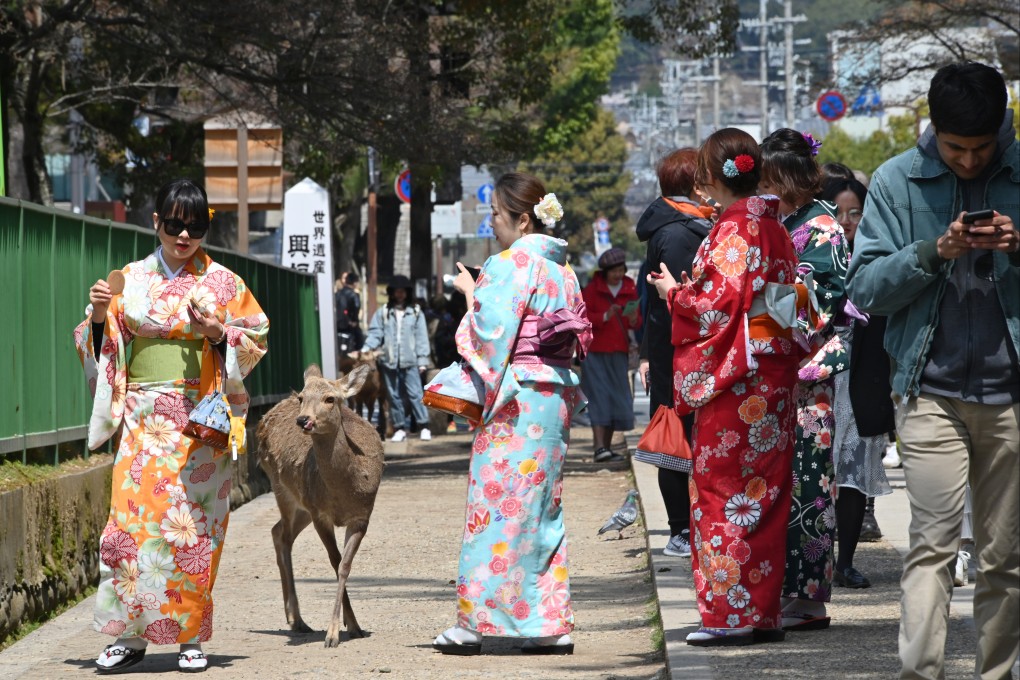 Tourists feed a deer at Nara Park in Japan. Photo: Getty Images