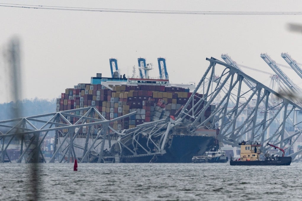 The Dali cargo ship following the collapse of the Francis Scott Key Bridge in Baltimore, seen from Riviera Beach, Maryland on Thursday. Photo: Reuters