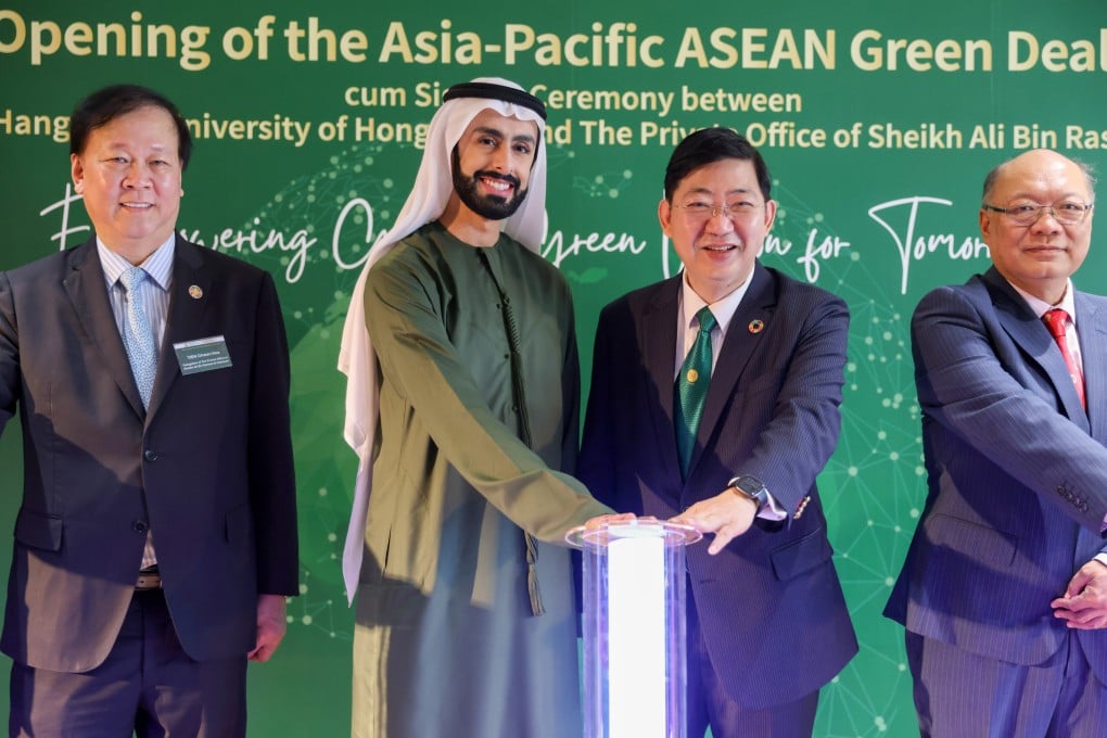 Sheikh Ali Rashed Ali Saeed Al Maktoum (second from left) attends a media event with his office’s director of international strategic relations William Tien (far left). Photo: Yik Yeung-man
