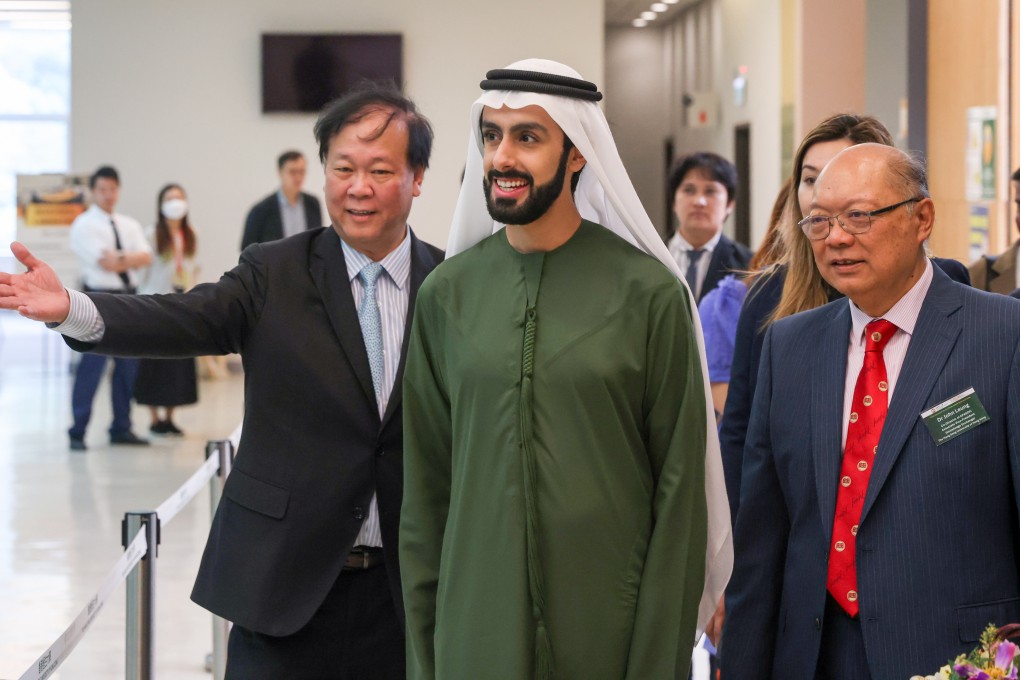 Sheikh Ali Al Maktoum (centre) and Dr John Leung (right), director of ICAPE and associate vice-president (knowledge exchange) at Hang Seng University. The prince from the UAE made waves after pledging millions for a family office in Hong Kong. Photo: Yik Yeung-man