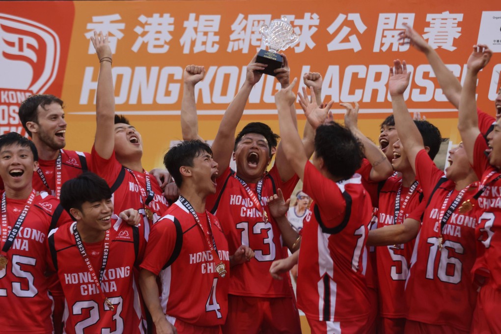 Hong Kong’s men celebrate winning the city’s Lacrosse Open at HKU Stanley Ho Sports Centre. Photo: Jonathan Wong