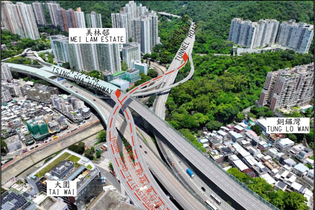 An illustration of the connection points for the Shing Sun Tunnel Road and Tsing Sha Highway to the Trunk Road T4. A funding request for the proposed trunk road in Sha Tin was withdrawn a day before it was to be discussed in the legislature. Photo: Handout