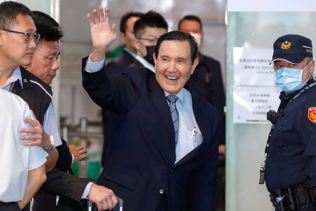 Former Taiwanese president Ma Ying-jeou waves from the Taoyuan International Airport as he leaves for an 11-day trip to mainland China on Monday. Photo: AP