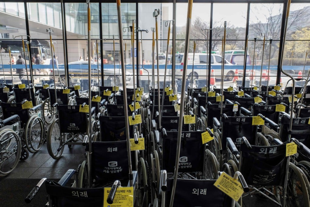 Wheelchairs near the entrance of a hospital in Seoul. Thousands of trainee doctors have been on strike since February 20. File photo: AFP