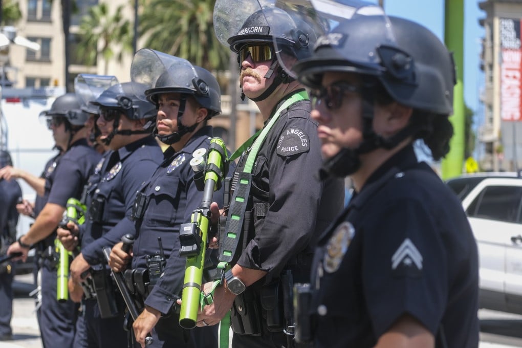 LAPD officers stand guard during a rally in California on August 8, 2023. Photo: SOPA Images via Zuma Press Wire/TNS