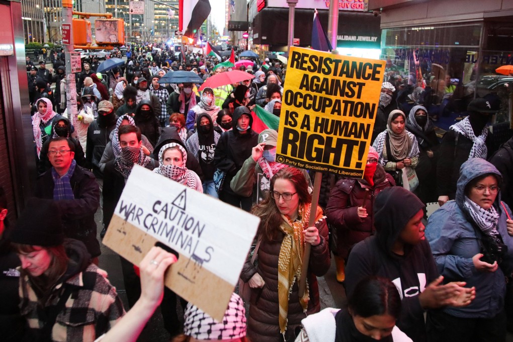Pro-Palestinian demonstrators rally outside Radio City Music Hall in New York on March 28. Photo: AFP