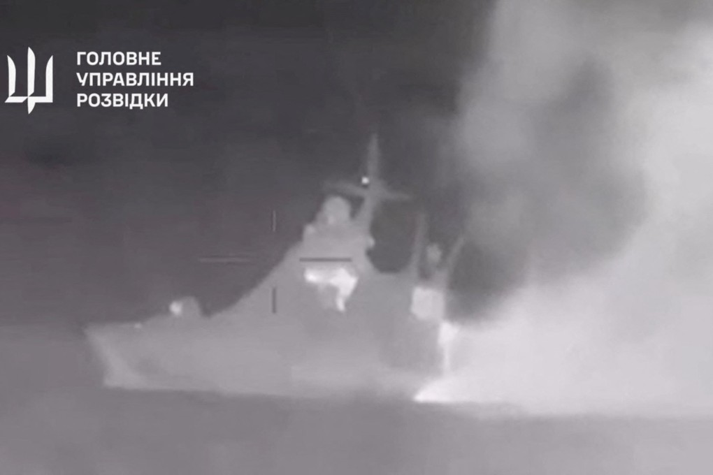 A still image released on March 5 shows smoke rising from what Ukrainian intelligence claimed was a Russian Black Sea Fleet patrol ship disabled by a drone attack. Photo:  Ukrainian defence ministry/Handout via Reuters