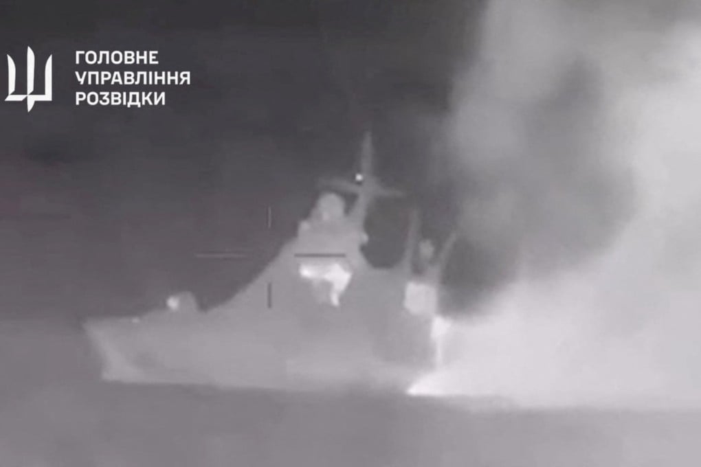A still image released on March 5 shows smoke rising from what Ukrainian intelligence claimed was a Russian Black Sea Fleet patrol ship disabled by a drone attack. Photo: Ukrainian defence ministry/Handout via Reuters