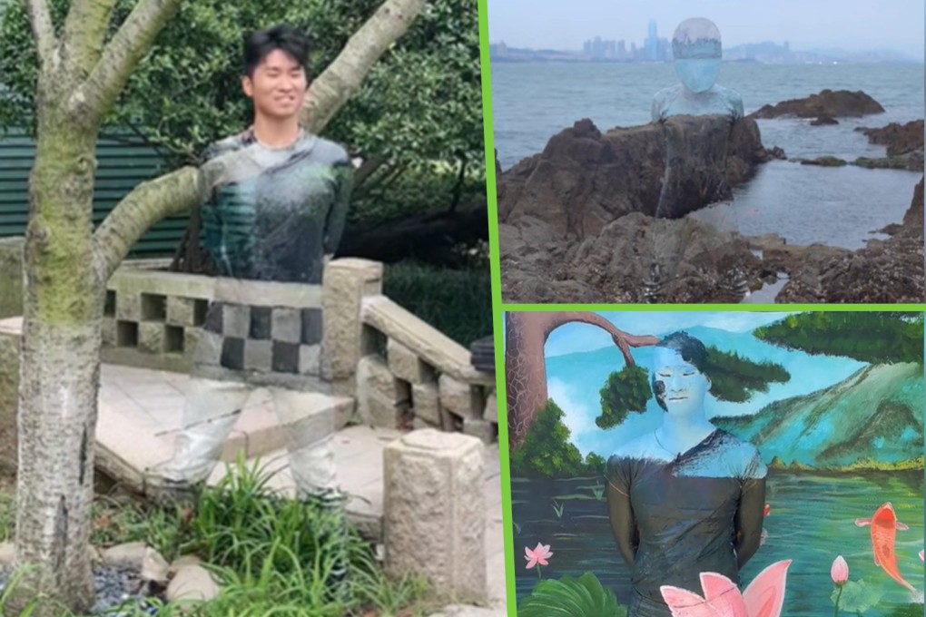 An eco-friendly artist in China, known as the “invisible man” for painting himself, chameleon-like, into the background of natural scenes has become a hit on mainland social media. Photo: SCMP composite/Douyin