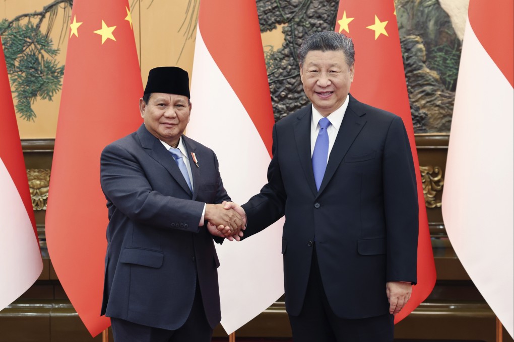 Indonesia’s president-elect Prabowo Subianto (left) shakes hands with Chinese President Xi Jinping at the Great Hall of the People in Beijing on Monday. Photo: Xinhua via AP