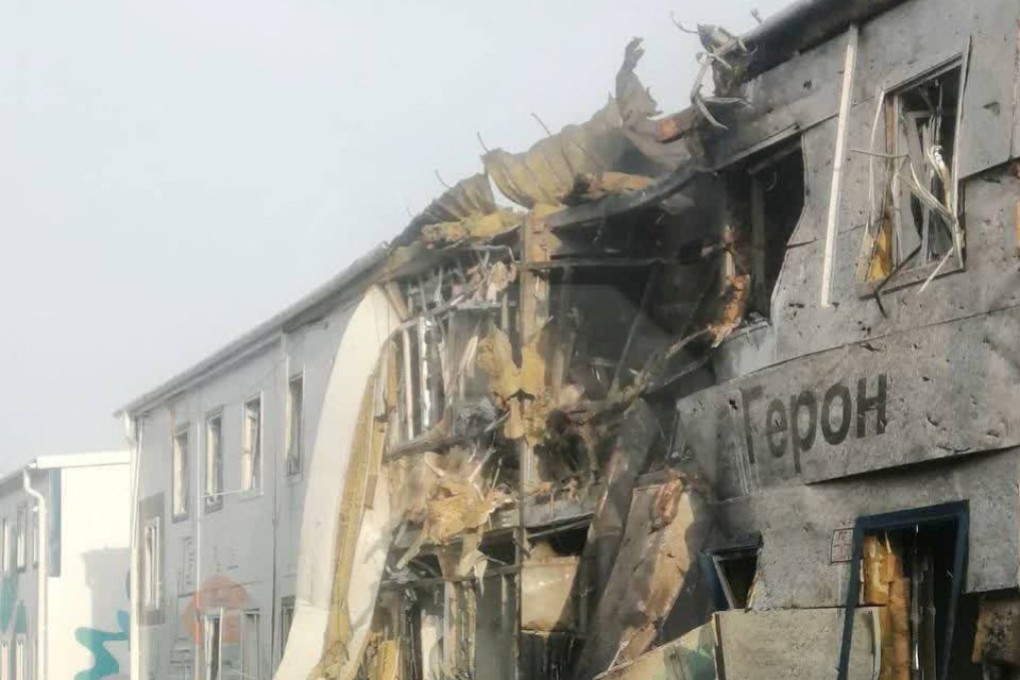 A damaged building is seen after a Ukrainian drone attack in Yelabuga, in Russia’s Tatarstan province, in an image released on Tuesday. Photo: Ostorozhno Novosti via Reuters
