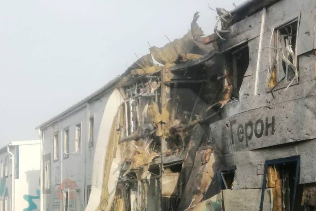 A damaged building is seen after a Ukrainian drone attack in Yelabuga, in Russia’s Tatarstan province, in an image released on Tuesday. Photo: Ostorozhno Novosti via Reuters