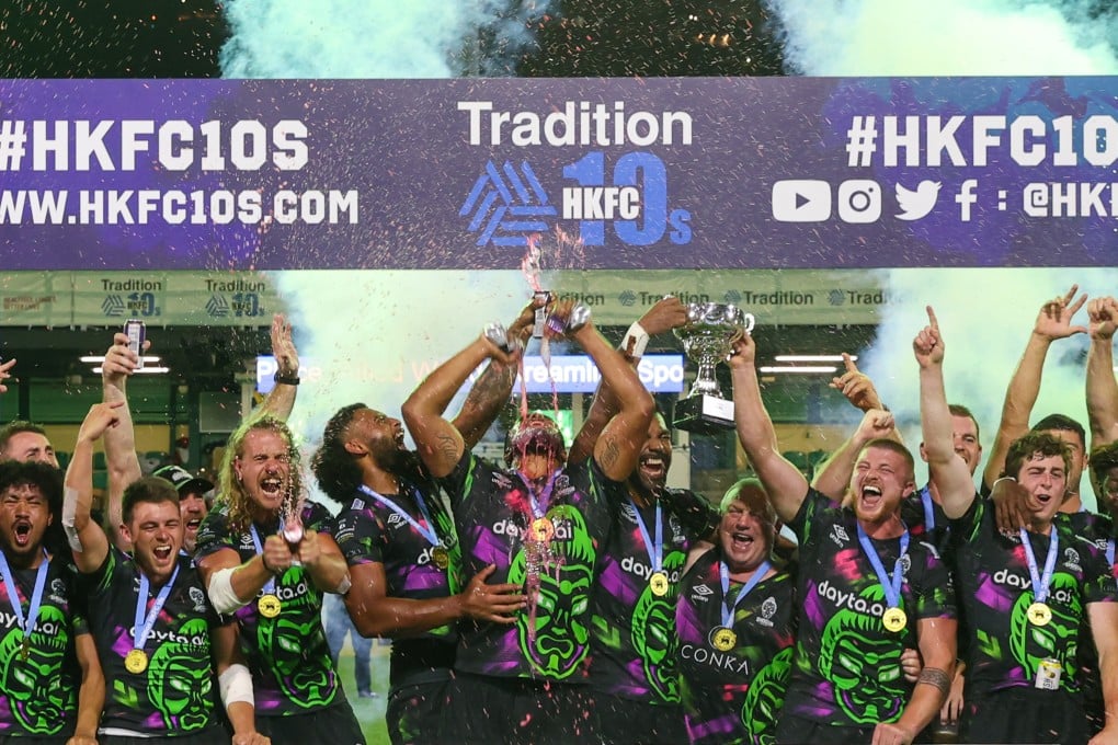 Shogun RFC celebrate winning the men’s competition at the Tradition HKFC 10s. Photo: Yik Yeung-man