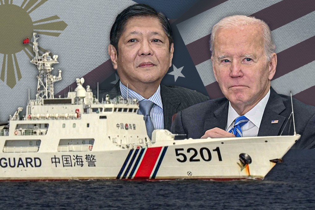 Screen capture of SCMP video showing Philippine President Ferdinand Marcos Jnr, US President Joe Biden and a Chinese coastguard vessel. Photo: SCMP composite