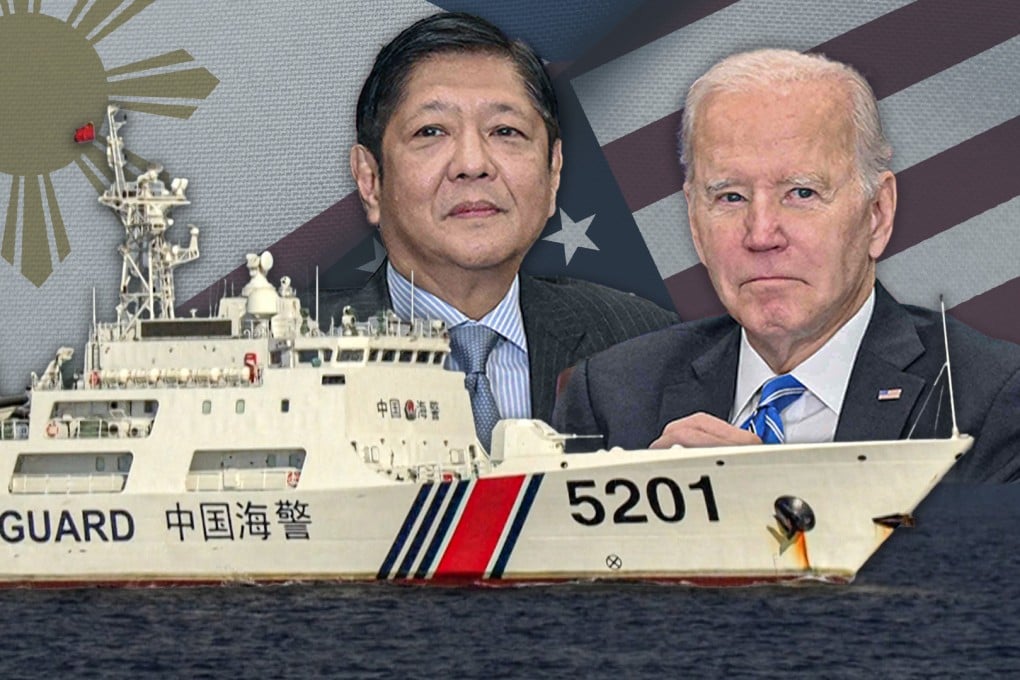 Screen capture of SCMP video showing Philippine President Ferdinand Marcos Jnr, US President Joe Biden and a Chinese coastguard vessel. Photo: SCMP composite
