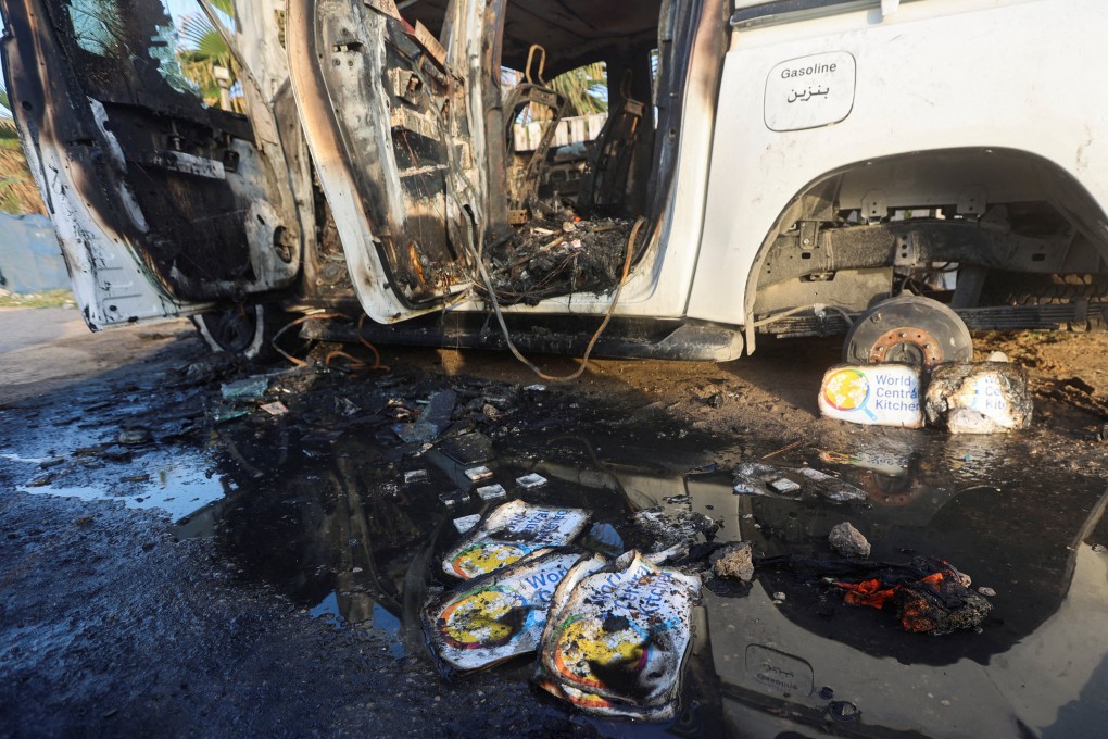 A view of the vehicle where employees from the World Central Kitchen were killed in an Israeli airstrike. The drone team who killed the aid workers made an “operational misjudgment of the situation” after spotting a suspected Hamas gunman shooting from the top of one of the aid trucks they were escorting. Photo: Reuters