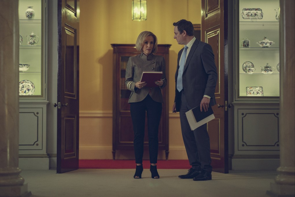 Gillian Anderson (left) as BBC journalist Emily Maitlis in a still from Scoop, a Netflix dramatisation of her 2019 interview with Britain’s Prince Andrew (played by Rufus Sewell) about allegations against him of sexual misconduct involving American Jeffrey Epstein. Photo: Peter Mountain/Netflix