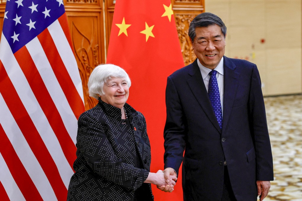 US Treasury Secretary Janet Yellen and Chinese Vice-Premier He Lifeng ahead of their meeting in Guangzhou on Friday. Photo: Reuters