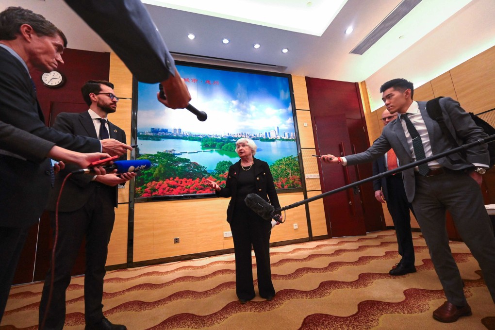 US Treasury Secretary Janet Yellen speaks to reporters after a second round of talks with  Chinese Vice-Premier He Lifeng, in Guangzhou on   Saturday. Photo: AFP