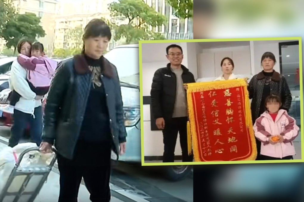 A widow in China, who received monthly payments from a kind stranger for four years after her fisherman husband died at sea, has travelled 1,000 kilometres with her family to thank the benefactor after finding out his identity. Photo: SCMP composite/Baidu