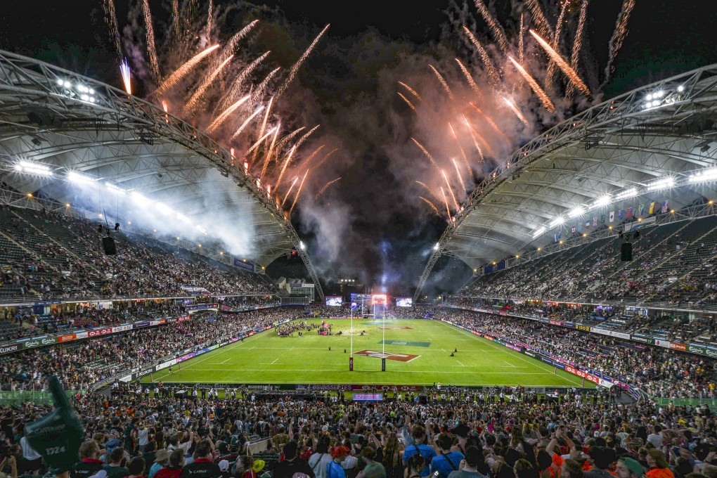 Fireworks explode over the top of Hong Kong Stadium after the end of the Sevens. Photo: Eugene Lee