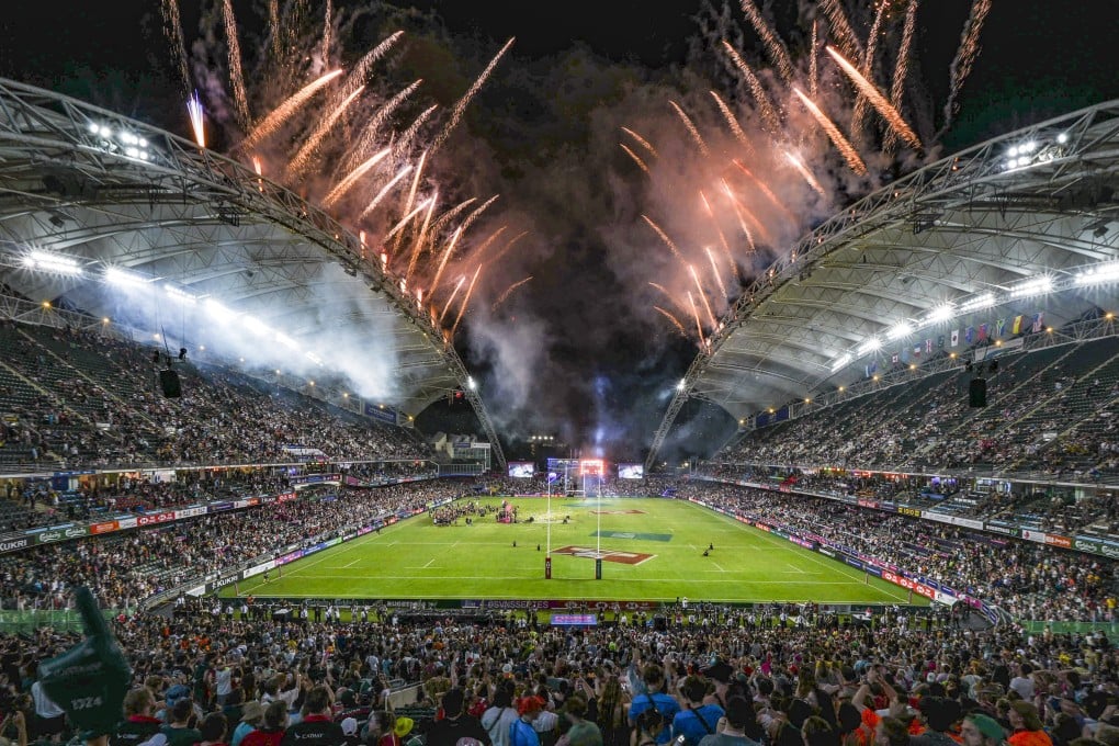 Fireworks explode over the top of Hong Kong Stadium after the end of the Sevens. Photo: Eugene Lee