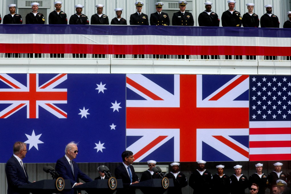 (From left) Australian Prime Minister Anthony Albanese, US President Joe Biden and British Prime Minister Rishi Sunak deliver remarks on the Aukus partnership after meeting at a naval base point in California last year. Photo: Reuters