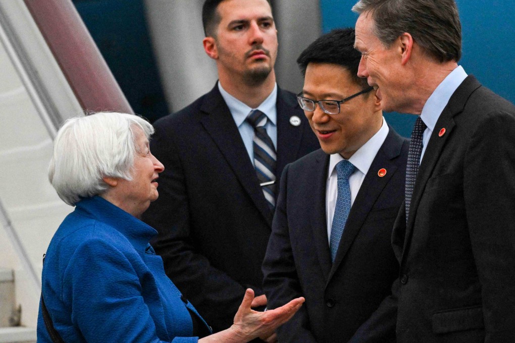 Chinese vice-minister of finance Liao Min and US ambassador to China Nicholas Burns greet US Treasury Secretary Janet Yellen upon her arrival at Baiyun International Airport in Guangzhou, Guangdong province on April 4. Photo: AFP