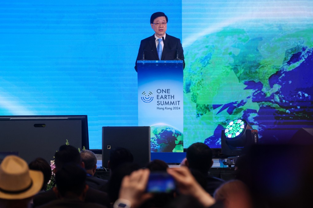 Chief Executive John Lee Ka-chiu speaks at the inaugural One Earth Summit at Regala Skycity Hotel in Hong Kong on March 25, 2024. Photo: Jonathan Wong