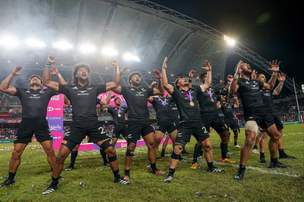 New Zealand perform a haka in celebration of their Hong Kong Sevens triumph on Sunday. Photo: Elson Li