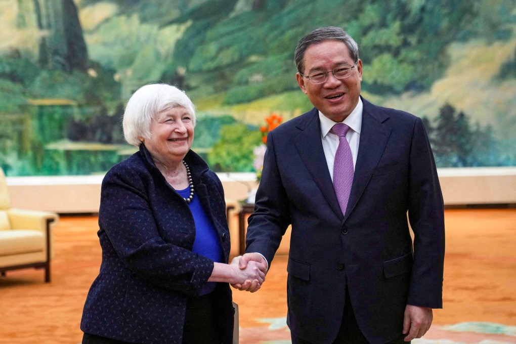 US Treasury Secretary Janet Yellen (left) meets Chinese Premier Li Qiang in Beijing on Sunday. Photo: via Reuters