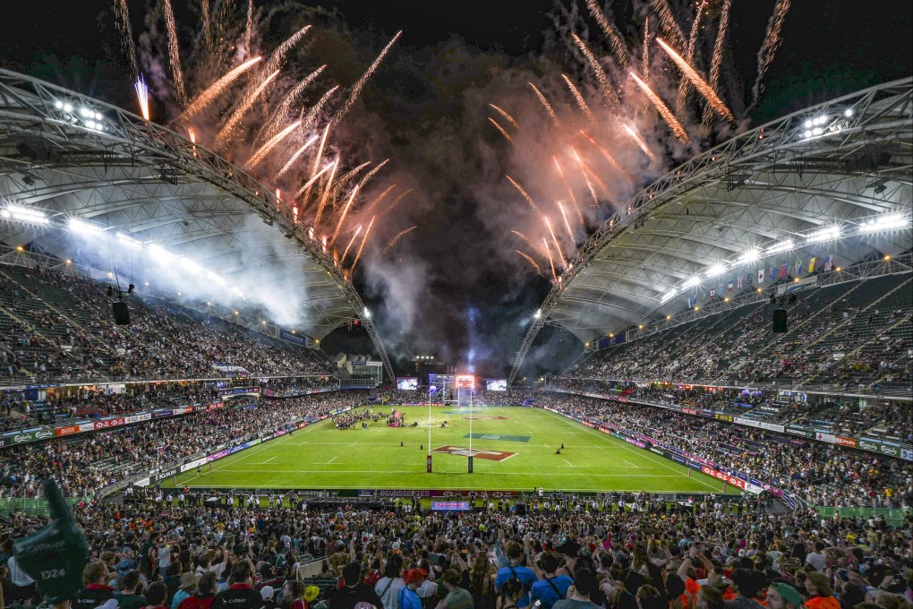 Fireworks are set off on the final day of the Cathay/HSBC Hong Kong Rugby Sevens at the Hong Kong Stadium on Sunday. Photo: Eugene Lee