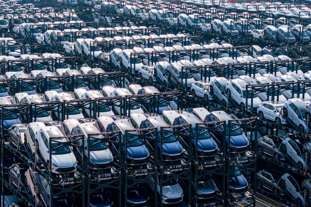BYD electric vehicles waiting to be loaded onto a ship are seen stacked at the international container terminal of Taicang Port in Suzhou, a city in eastern Jiangsu province, on February 8, 2024. Photo: AFP
