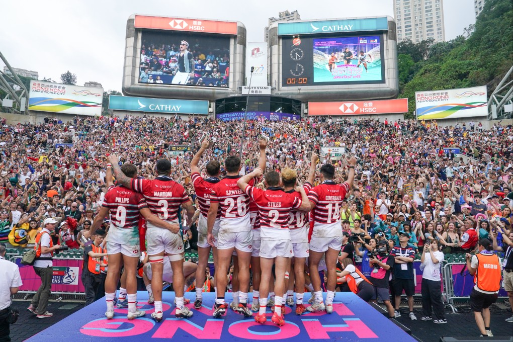 This year’s Hong Kong Sevens used reusable plastic cups. while some merchandise, including T-shirts, were also made using recycled plastics. Photo: Elson Li