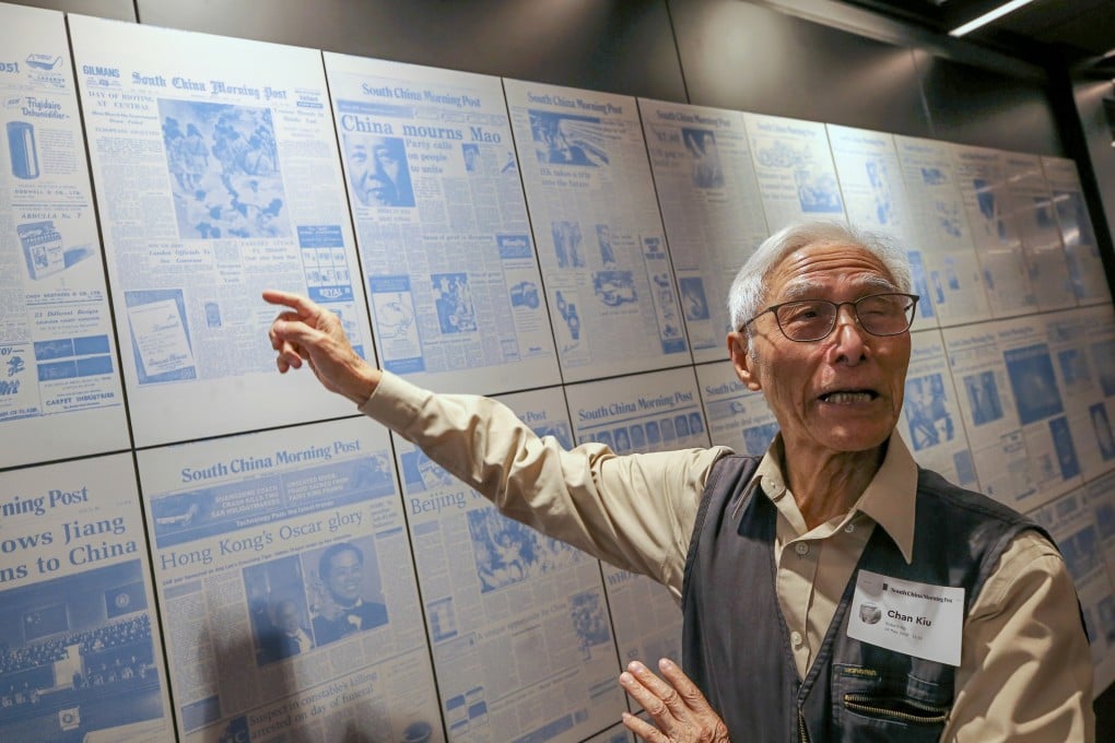 Chan Kiu points to a front page picture he took for the Post. The photojournalist joined the newspaper in 1959 and remained there for 28 years until his retirement. Photo: Dickson Lee