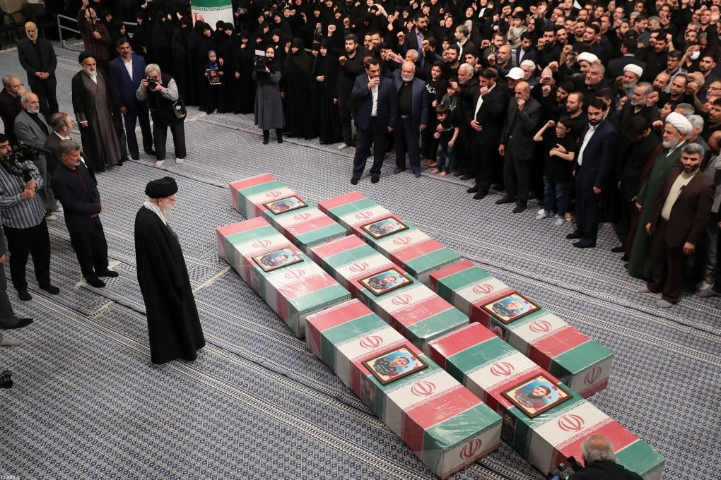 Iranian Supreme Leader Ayatollah Ali Khamenei stands next to the coffins of seven Revolutionary Guard Corps members who were killed in a strike on the country’s consular in Damascus, which Tehran blamed on Israel, ahead of their funeral procession. Photo: Iranian Supreme leader’s Office / dpa