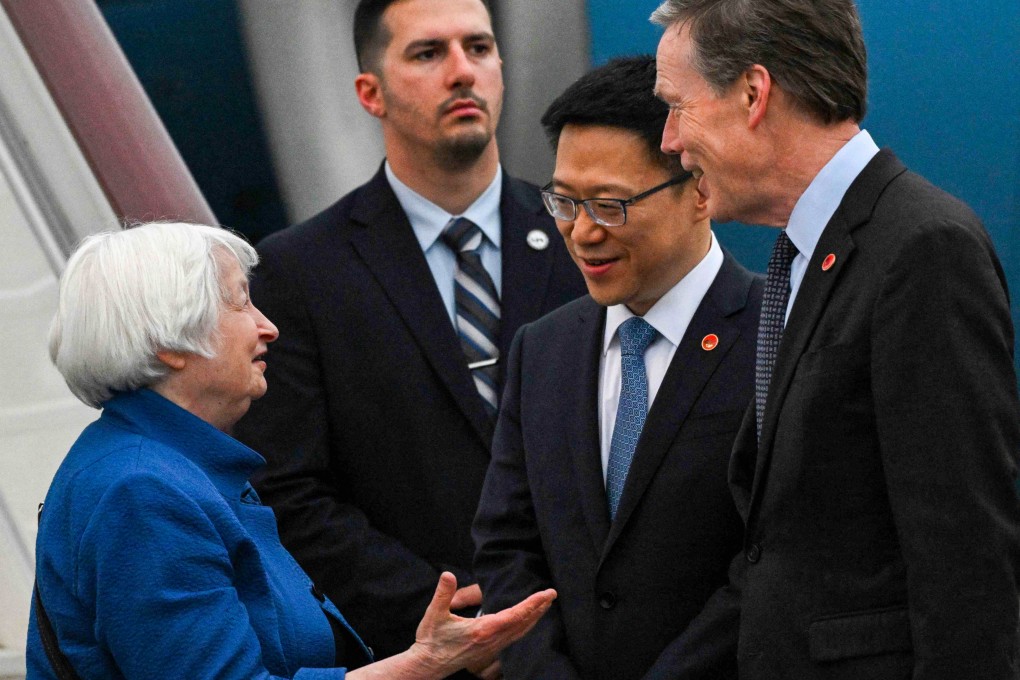 China’s Vice Minister of Finance Liao Min (second from right) and US Ambassador to China Nicholas Burns (far right) greet US Treasury Secretary Janet Yellen at Baiyun International Airport in Guangzhou. Photo: AFP