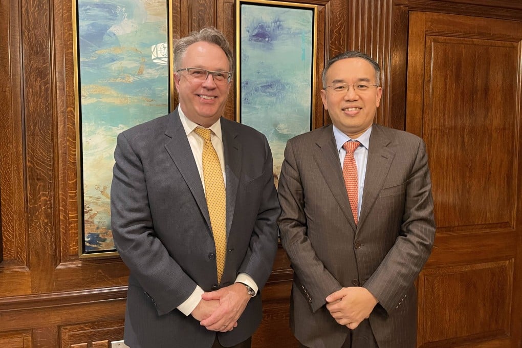 Christopher Hui, right, and John Williams of the New York Federal Reserve discussed global economic trends and interest rates during their meeting overnight in New York. Photo: SCMP