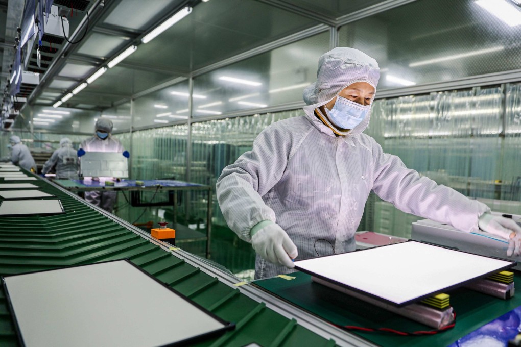 An LCD monitoring line at a workshop in Ruichang, in central China’s Jiangxi province, on February 26. Photo: AFP