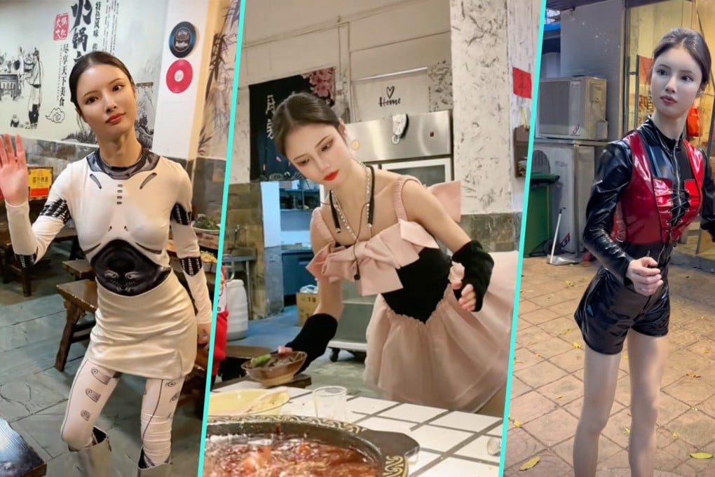A restaurant owner in China has delighted customers and become an international online hit by mimicking a robot to serve people food. Photo: SCMP composite/Douyin