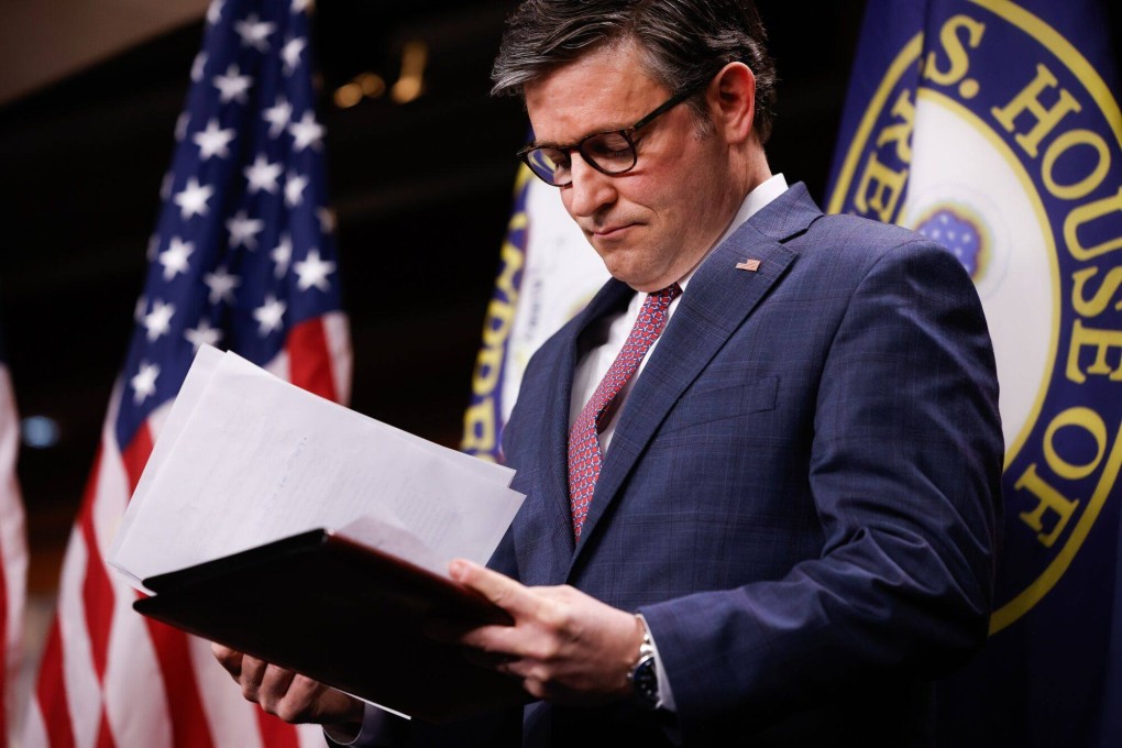US House Speaker Mike Johnson gives a news conference at the US Capitol in Washington on Wednesday. Photo: Bloomberg