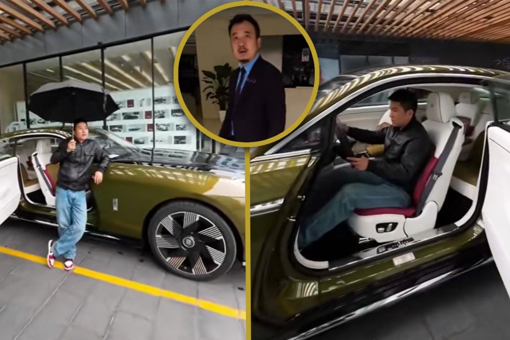 A Rolls-Royce seller in China has allowed a man of modest means to sit inside his favourite luxury car while telling him if he works hard he could own such a vehicle one day. Photo: SCMP composite/Douyin
