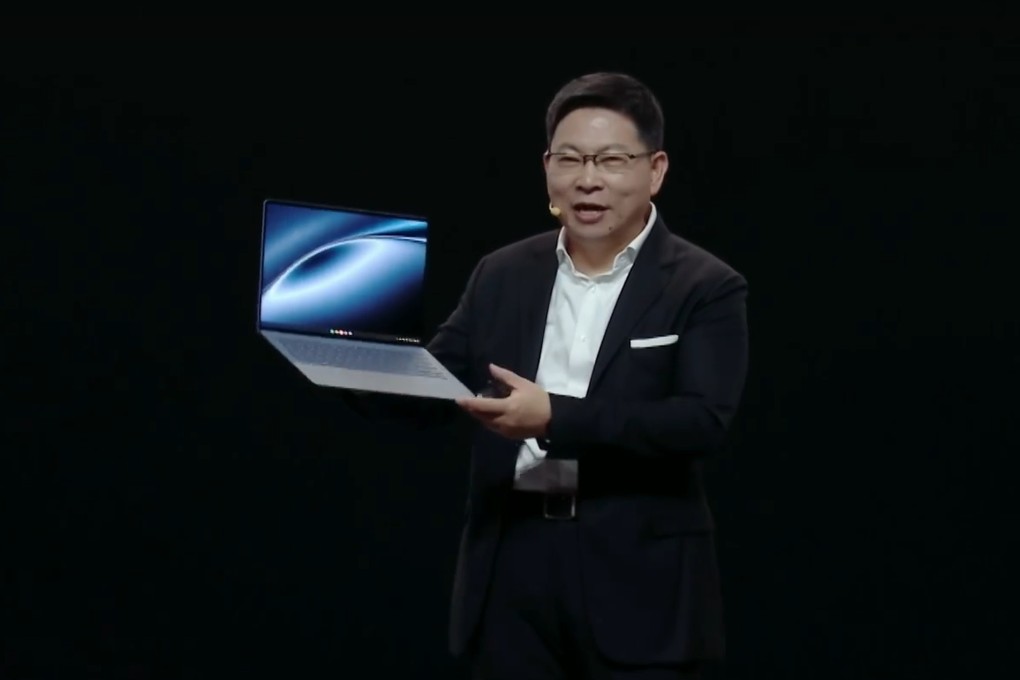 Richard Yu Chengdong, CEO of Huawei’s consumer business group, unveils a new Matebook X Pro, the company’s first PC to ship with its home-grown Pangu AI model, at a launch event on Thursday. Photo: Captured from Huawei live stream