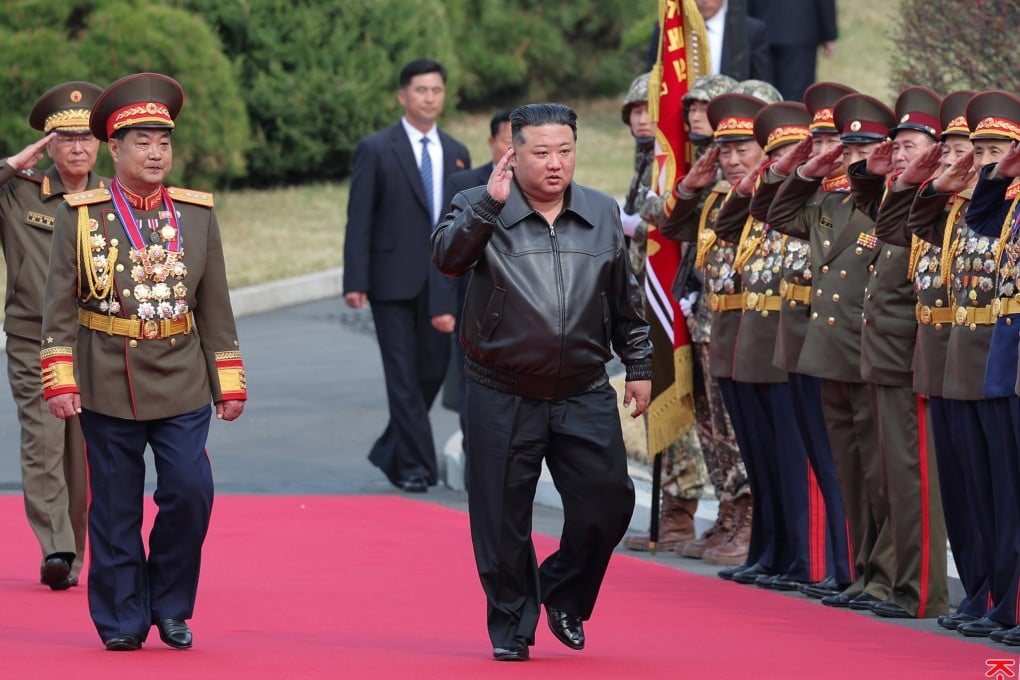 Kim Jong-un visits a military university in Pyongyang on April 10. Photo: EPA-EFE/KCNA