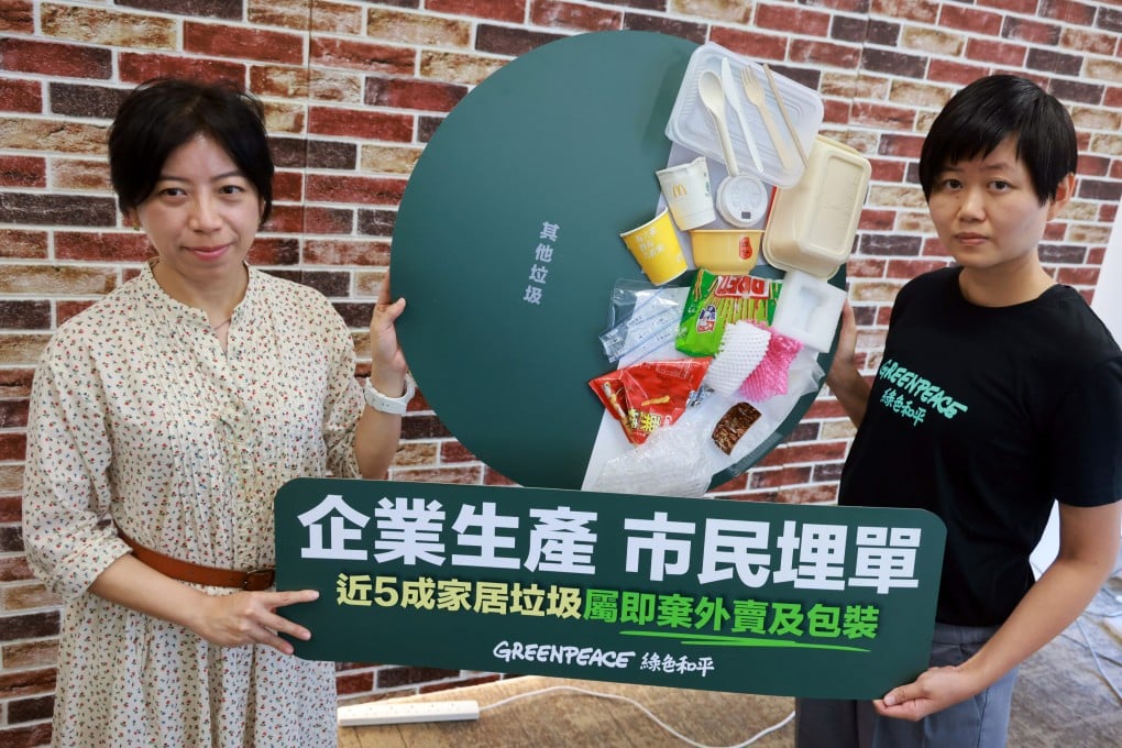 Leanne Tam (right), a Greenpeace campaigner, has said her group found that excess packaging produced by firms may cost households more ahead of the waste-charging scheme. Photo: May Tse