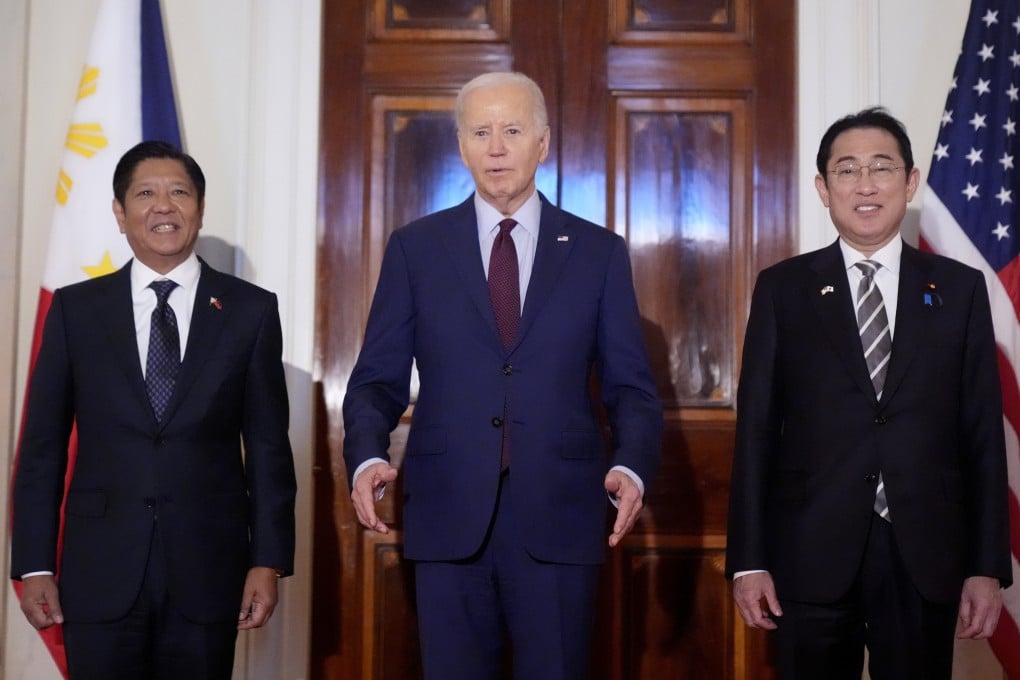 Philippine President Ferdinand Marcos Jnr (left), US President Joe Biden and Japanese Prime Minister Fumio Kishida appear before a trilateral meeting at the White House in Washington on Thursday. Photo: AP
