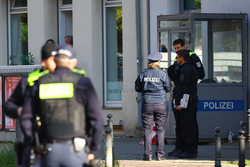 Police stand outside after two Molotov cocktails were thrown at the Skoblo Synagogue and Education Center in Berlin in October last year. Germany has been on high alert for Islamist attacks since the outbreak of the Israel-Gaza war in October. Photo: Reuters