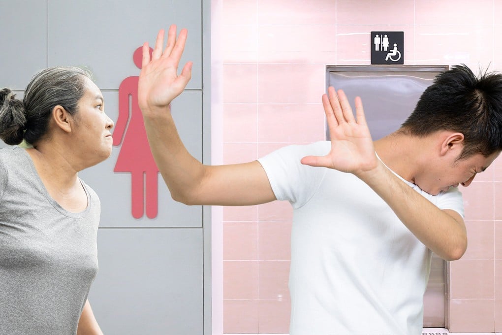 An angry mother in China slapped and kicked her adult son after he was caught filming illicitly in a public toilet for women. Photo: SCMP composite/Shutterstock